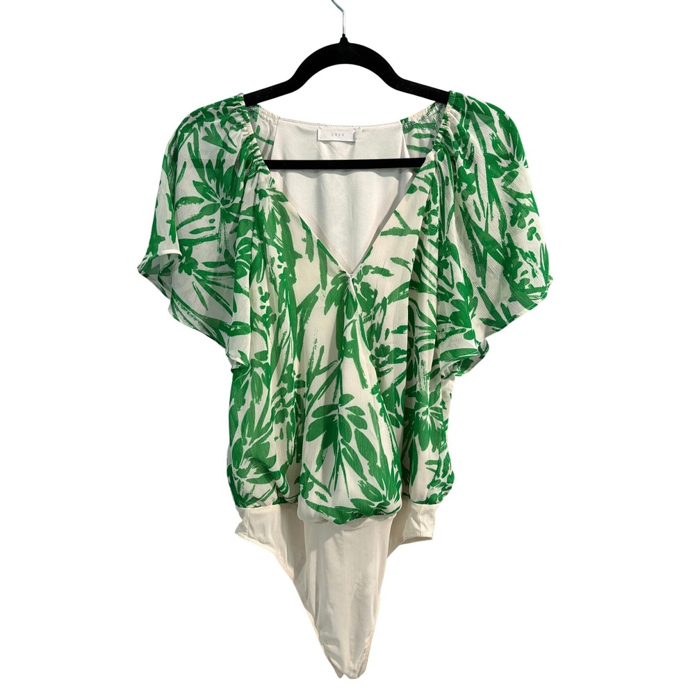 Lush Green Cream Bodysuit Tropical‎ Leaf Print Surplice Flutter Sleeve Medium
